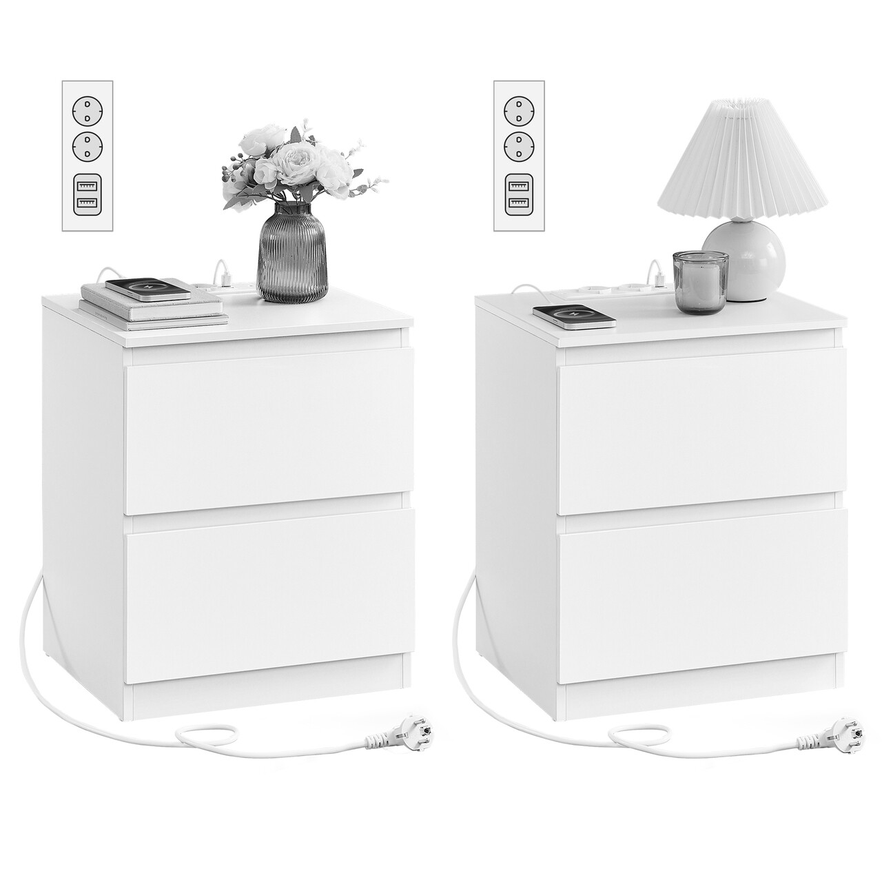 Set 2 noptiere cu prize si porturi USB Kailyn, Vasagle, 40x35x49 cm, MDF/PAL, alb - imagine 7
